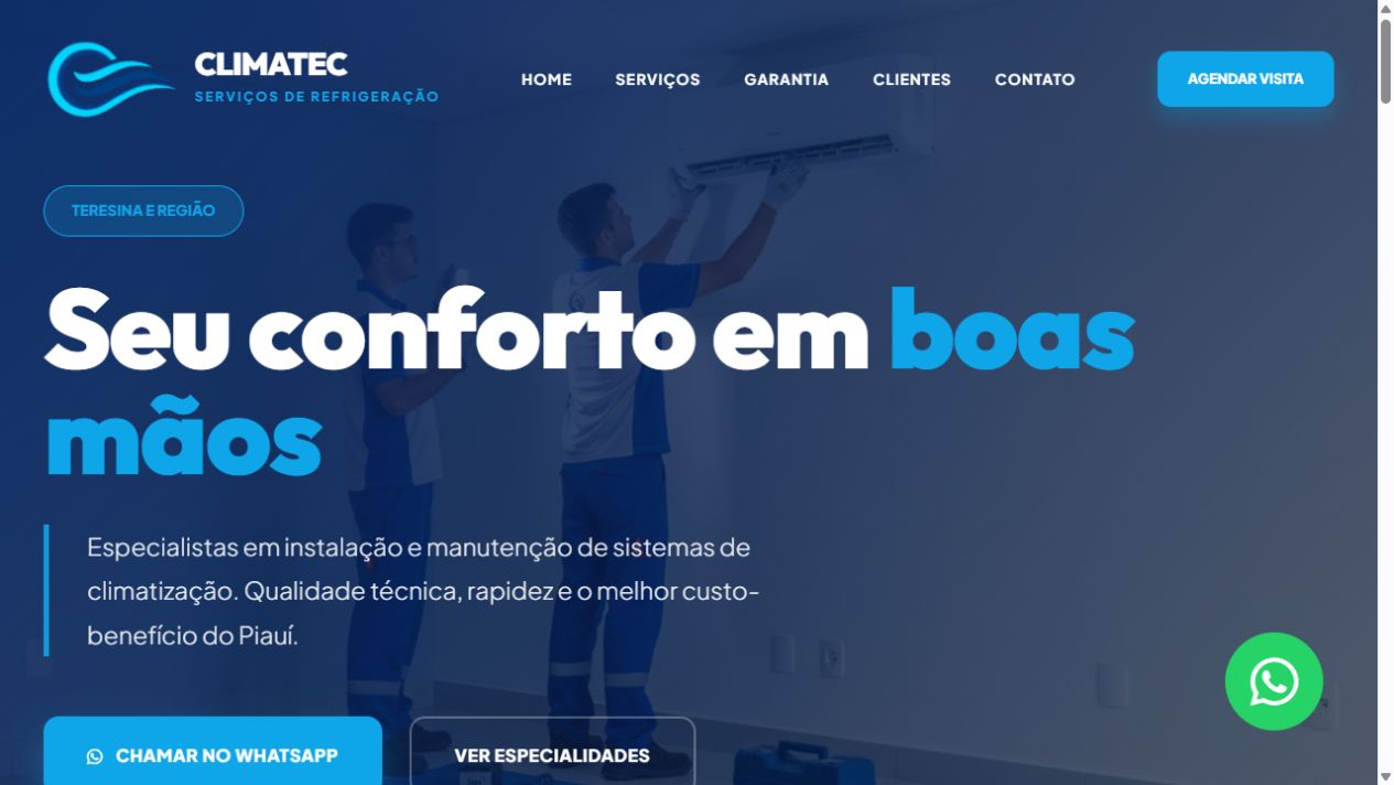 Captura do site Climatec, com navegação, apresentação de serviços de refrigeração e botão para WhatsApp